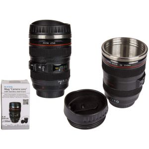 Mug Camera zoom Lens Tazza in acciaio forma obiettivo 350 ml teleobiettivo colore nero