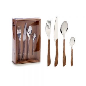 Set posate 16 pezzi in acciaio con forchetta coltello cucchiaio e cucchiaino da te finitura simil legno 