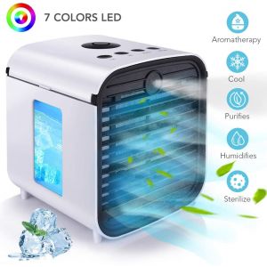 Mini Condizionatore Portatile Personale Air Cooler 5-in-1 Refrigeratore D'aria Umidificatore Purificatore Diffusore di Aromi Luce Notturna USB con 3 Velocità 7 Colori Luce per Casa Ufficio