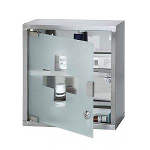 Armadietto Porta Medicinali 30X12X30cm Mobiletto Primo Soccorso in Acciaio Inox e Vetro Satinato Colore Silver
