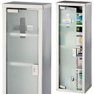 Armadietto Porta Medicinali 45X15X12cm Mobiletto Primo Soccorso in Acciaio Inox e Vetro Satinato Colore Silver 