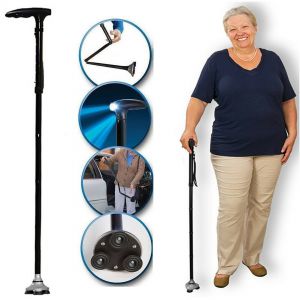 Bastone da passeggio pieghevole per anziani con appoggio sicuro e torcia led incorporata 