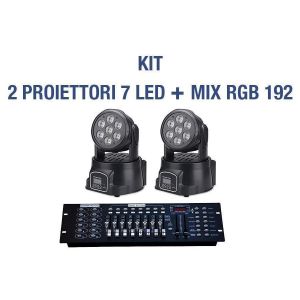 Kit 2 proiettore led rgb testa mobile rotante effetti disco 7 led+mixer