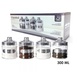 Set 4 barattoli vetro trasparente coperchio alluminio sale zucchero caffè tè