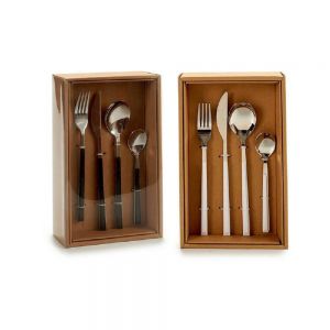 Set posate 16 pezzi in acciaio con coltello forchetta cucchiaio e cucchiaino da te bianco nero
