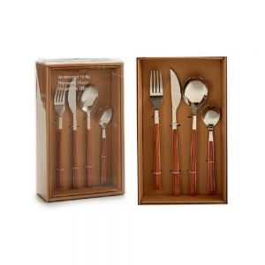 Set posate 16 pezzi in acciaio con coltello forchetta cucchiaio e cucchiaino da te finto legno
