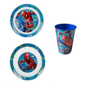 Set Pappa Spiderman Uomo Ragno Marvel 2 Piatti + Bicchiere Bambino 