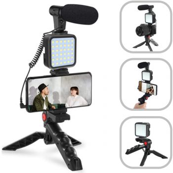 Smartphone Video Kit Video Vlogger Kit Microfono con luce LED Supporto per telefono Treppiede Compatibile con iOS e android
